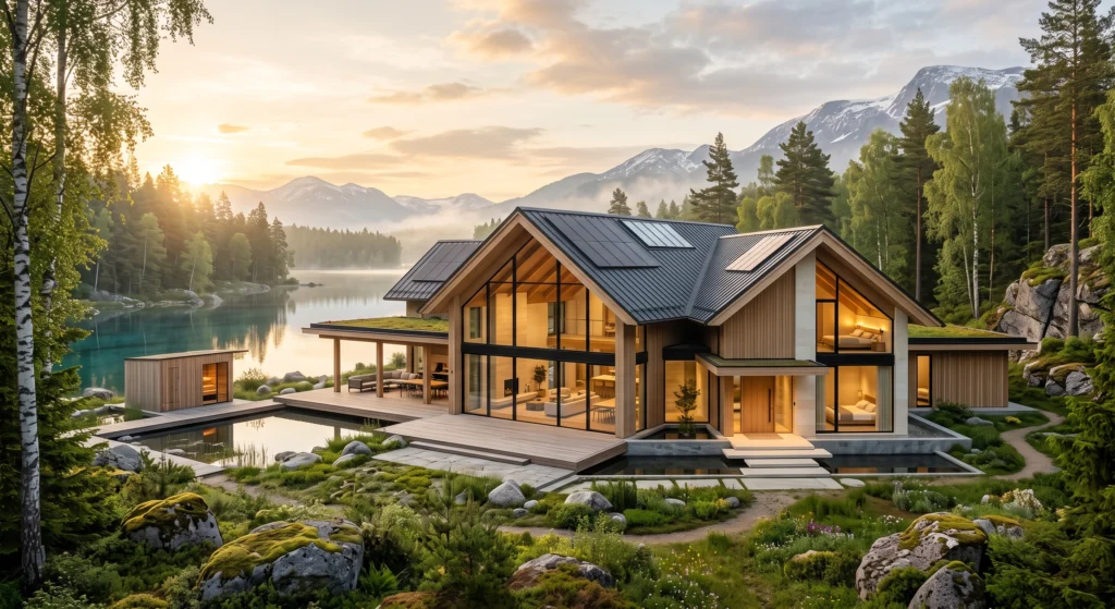 An award-winning luxury Scandinavian eco-home designed with sustainable architecture, featuring FSC-certified timber cladding, integrated solar roofing, floor-to-ceiling energy-efficient glazing, green roofs, natural stone walls, rainwater gardens, passive solar orientation, and beautifully landscaped Nordic surroundings. The residence perfectly blends cutting-edge sustainability with timeless Scandinavian luxury and organic minimalism.