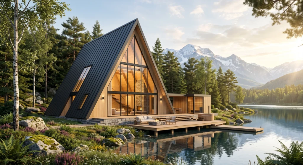A breathtaking luxury Scandinavian A-frame cabin nestled beside a crystal-clear Nordic lake, featuring a dramatic triangular roofline, floor-to-ceiling glass façade, warm timber cladding, natural stone fireplace, floating deck, outdoor fire pit, cedar hot tub, and panoramic forest and mountain views. The perfect hygge-inspired retreat blending modern architecture with untouched Scandinavian wilderness.