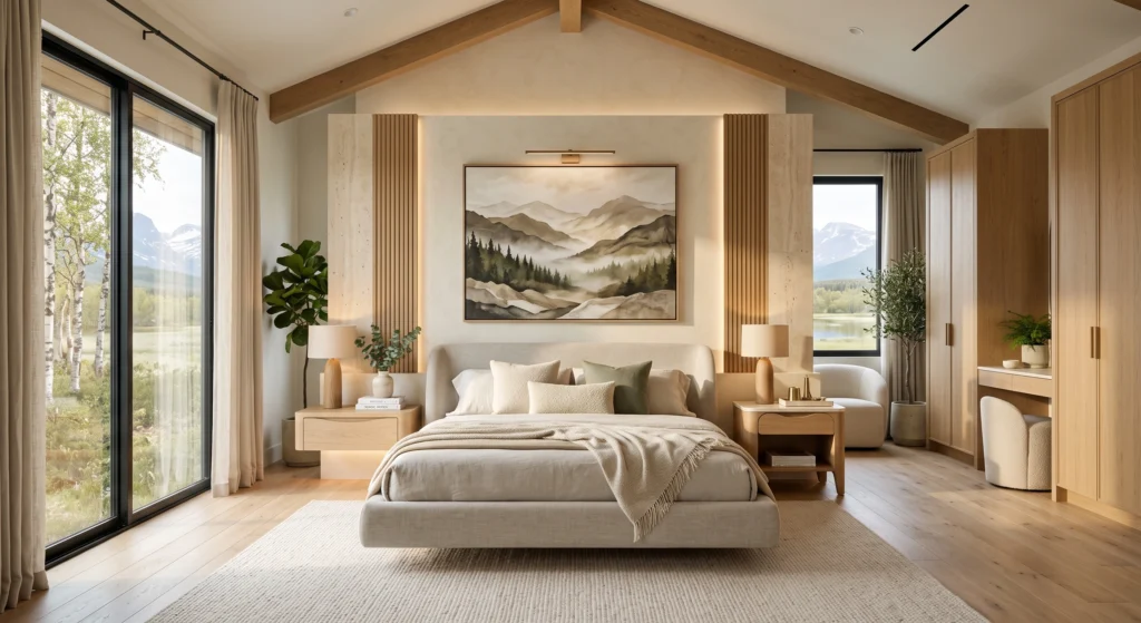 A contemporary Scandinavian bedroom featuring intentionally mismatched bedside tables—one floating European White Oak shelf with a concealed drawer and one freestanding travertine-top nightstand with tapered legs. Matching designer lamps and coordinated styling create visual harmony, while oversized Scandinavian wall art, Belgian linen bedding, natural stone finishes, lush greenery, and expansive Nordic landscape views complete this Architectural Digest-inspired interior.