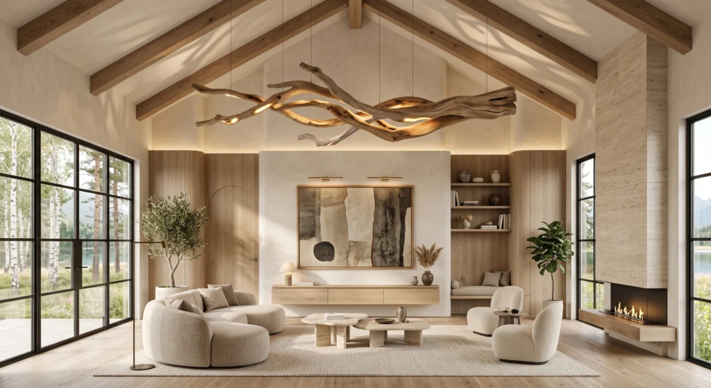 A luxury Scandinavian living room showcasing an asymmetrical sculptural wooden chandelier inspired by Wabi-Sabi design. Organic furniture, textured limewashed walls, oversized abstract wall art, handcrafted ceramics, and lush greenery create a peaceful artistic space that blends Nordic minimalism with natural imperfection.