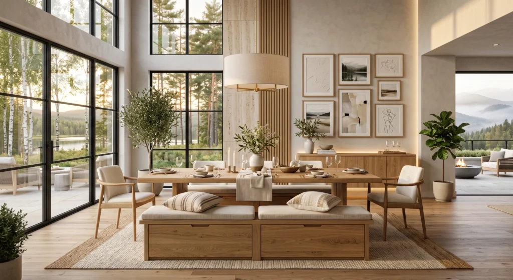 A welcoming Scandinavian family dining room featuring a solid oak rectangular dining table paired with matching wooden benches with linen cushions, elegant oak armchairs at each end, oversized Nordic gallery wall, woven wool rug, handcrafted ceramics, greenery, large windows, and warm hygge-inspired lighting.