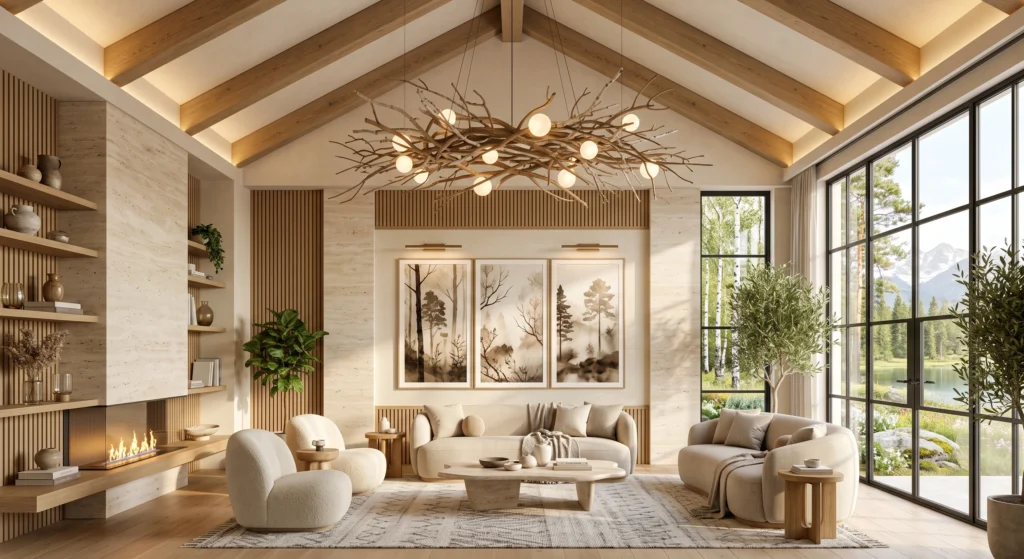 A serene Scandinavian dining room featuring a handcrafted branch-inspired wooden chandelier with exposed globe bulbs suspended above a solid oak dining table. Botanical wall art, lush indoor greenery, warm neutral tones, and panoramic forest views bring the beauty of Nordic nature indoors.