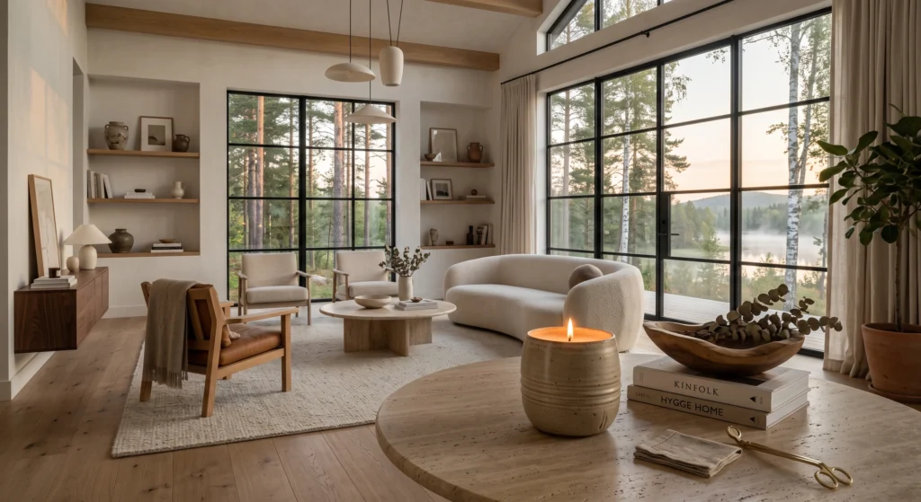 A cozy luxury Scandinavian coffee table featuring a handcrafted matte ceramic candle vessel with a softly glowing candle flame surrounded by travertine décor, linen textiles, wooden accessories, and warm neutral furniture. Golden evening light and candlelight combine to create a peaceful Hygge-inspired Nordic atmosphere.