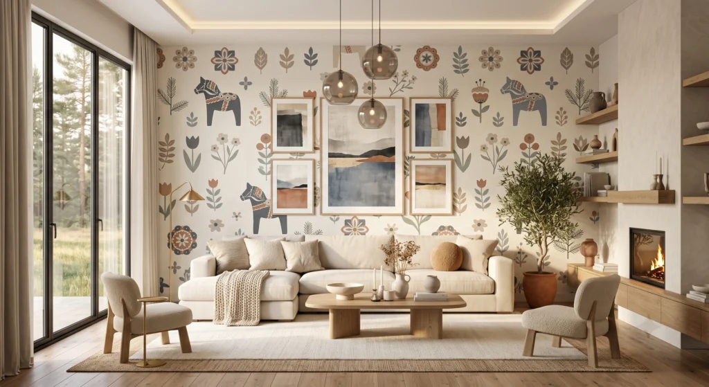 Luxury Scandinavian reading room with modern Dala horse wallpaper in muted charcoal on a cream background, oak bookshelf, cream boucle armchair, oversized Nordic-inspired wall art, handcrafted ceramics, and warm cozy lighting.