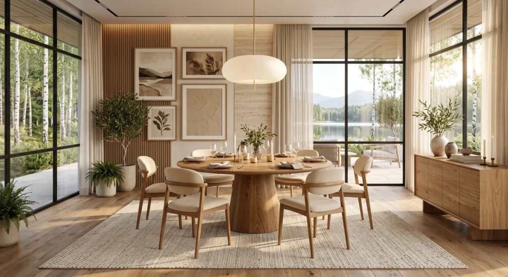 A bright luxury Scandinavian dining room featuring a handcrafted solid light oak dining table with a natural matte finish, visible wood grain, sculptural oak dining chairs with linen upholstery, oversized Nordic wall art, floor-to-ceiling windows overlooking a birch forest, warm sunlight, oak flooring, soft neutral palette, ceramic décor, olive tree, and elegant minimalist styling.