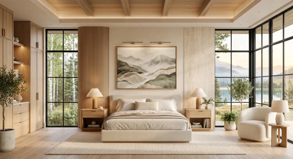 A bright luxury Scandinavian bedroom featuring a floating platform bed dressed in layered Belgian linen bedding, flanked by two handcrafted solid European White Oak nightstands with visible natural wood grain, soft-close drawers, and tapered legs. Oversized abstract Scandinavian wall art hangs above a limewash feature wall, while warm morning sunlight streams through floor-to-ceiling windows overlooking a peaceful Nordic forest. Italian travertine accents, artisan ceramics, lush greenery, and soft neutral tones create a timeless Architectural Digest-worthy retreat.