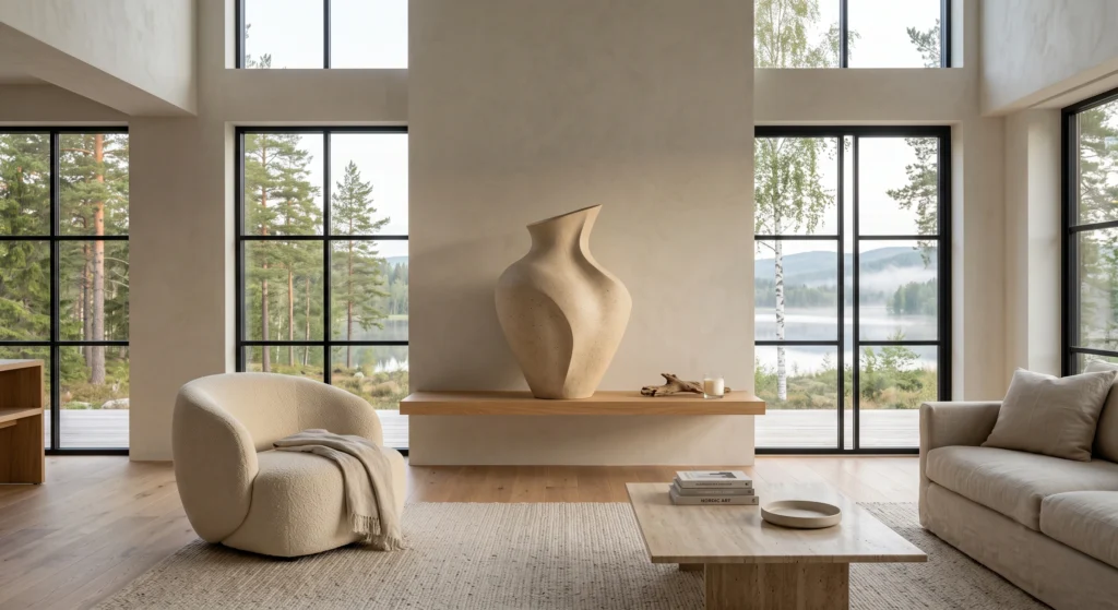 A museum-inspired Scandinavian interior displaying a single handcrafted sculptural ceramic vase standing completely empty on a floating oak shelf. The elegant silhouette becomes a work of art against limewash walls, warm oak textures, and expansive windows filled with soft Scandinavian daylight and peaceful natural scenery.