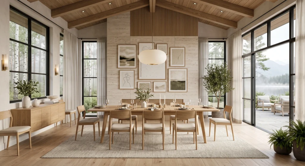 A premium Scandinavian dining room featuring a handcrafted solid oak extendable dining table shown in its expanded configuration, elegant oak dining chairs, hidden storage sideboard, oversized architectural wall art, soft linen textiles, travertine feature wall, luxurious pendant lighting, and warm Scandinavian styling designed for entertaining.