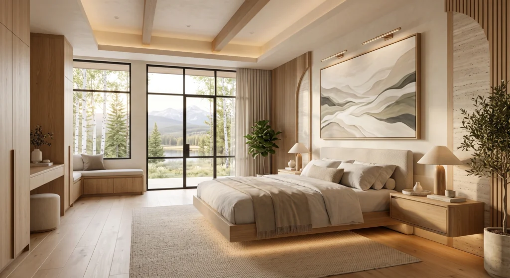 A luxurious modern Scandinavian bedroom showcasing floating European White Oak nightstands mounted beside a floating platform bed. Hidden LED lighting beneath the shelves creates a floating effect, while oversized minimalist wall art, limewash walls, travertine details, and Belgian linen bedding elevate the space. Panoramic windows frame serene birch forests and lakes, filling the room with warm golden morning light.