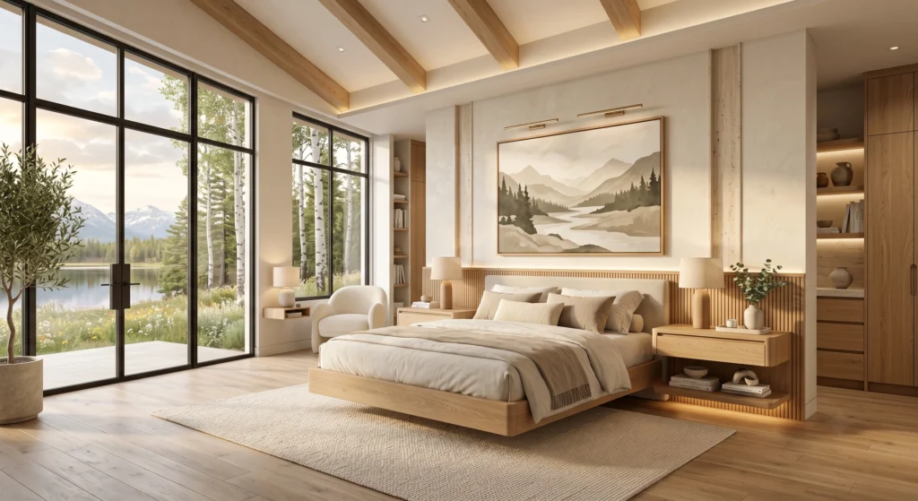 A sophisticated Scandinavian bedroom featuring floating wall-mounted bedside shelves with concealed drawers crafted from European White Oak. The shelves display handcrafted ceramics and designer books while hidden LED lighting adds warmth beneath. A statement abstract wall art installation, Belgian linen bedding, travertine accents, and floor-to-ceiling windows overlooking Scandinavian forests complete the elegant space.