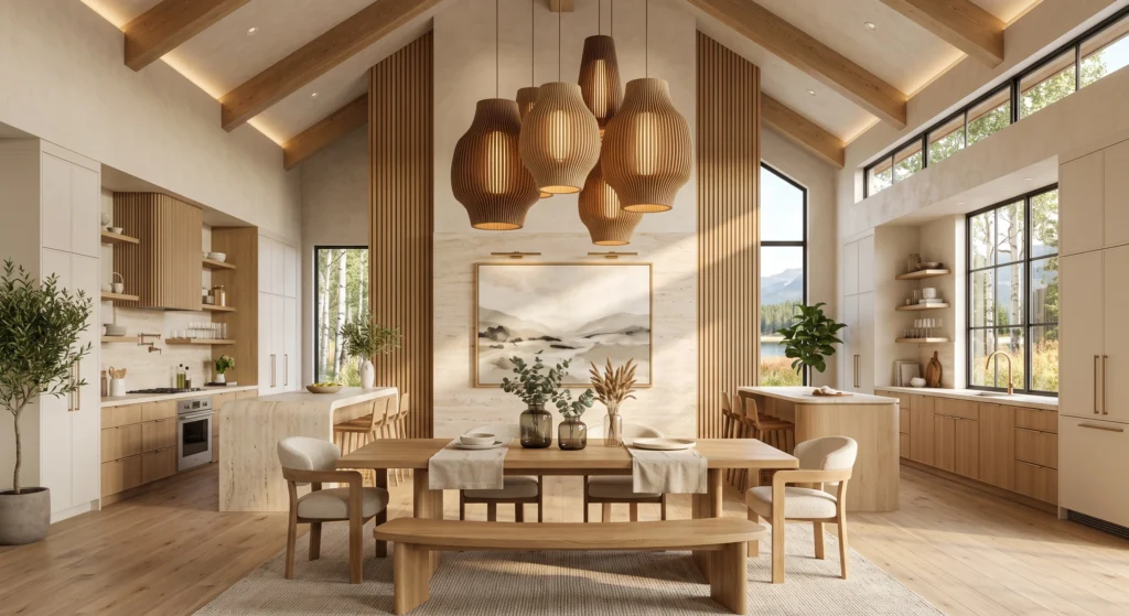 A luxury Scandinavian kitchen and dining space illuminated by oversized fluted oak pendant lights above a travertine island and handcrafted dining table. Vertical wood textures, minimalist wall art, warm lighting, and soft neutral finishes create a sophisticated, welcoming atmosphere.