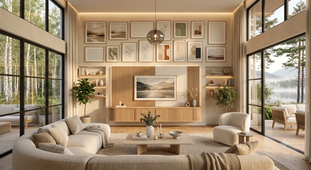 A sophisticated Scandinavian living room showcasing a premium fluted oak TV stand with vertical slatted doors, textured limestone feature wall, handcrafted ceramics, woven rug, olive tree, cozy linen seating, and warm ambient lighting for a luxurious Nordic interior.