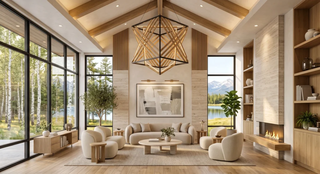 A contemporary Scandinavian living room showcasing a bold geometric wooden cage chandelier with matte black metal accents above a minimalist seating area. Architectural lines, handcrafted oak details, gallery-style wall art, and natural textures create a refined modern Nordic atmosphere.