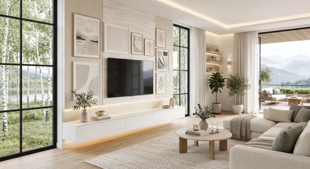 A bright Scandinavian living room with a sleek floating matte white TV stand, stone-textured feature wall, integrated LED lighting, minimalist Scandinavian furniture, oversized windows, soft neutral décor, and elegant modern styling.