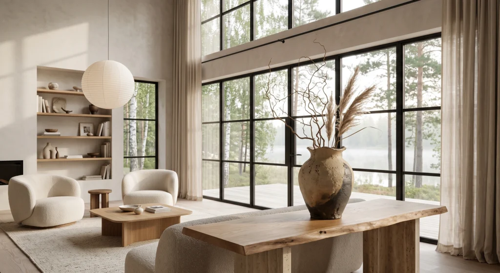 A luxury Japandi living room showcasing a handcrafted ceramic vase with imperfect organic curves and natural matte glazing placed on a walnut console. The room blends Scandinavian warmth with Japanese wabi-sabi simplicity using oak furniture, linen textiles, stone accents, and soft natural lighting overlooking a tranquil forest landscape.