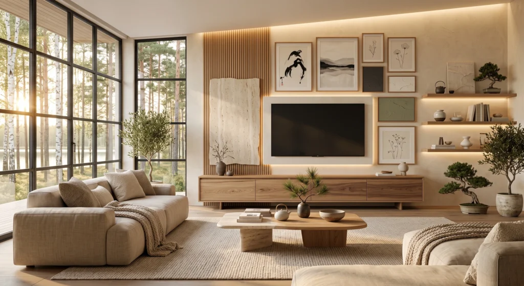 A serene Japandi-style Scandinavian living room featuring a low-profile solid oak TV unit, textured limewash walls, minimalist décor, handcrafted ceramics, indoor bonsai, linen sofa, natural textures, and calming neutral tones inspired by Nordic and Japanese design.