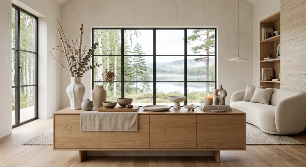 A beautifully curated Scandinavian open shelving display layered with handcrafted ceramic vases, bowls, plates, candles, stacked design books, linen textiles, woven baskets, travertine accents, and natural oak accessories. Warm Scandinavian sunlight highlights the rich textures, earthy neutral palette, and thoughtfully balanced Nordic styling that feels elegant, lived-in, and timeless.