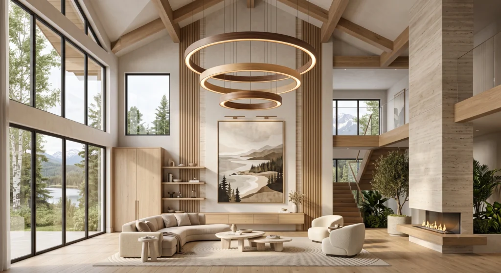 A spectacular double-height Scandinavian living room featuring a dramatic three-tier wooden chandelier floating above an expansive seating area. Monumental abstract wall art, soaring ceilings, floor-to-ceiling windows, luxurious oak finishes, and soft golden light create an unforgettable grand Nordic statement.