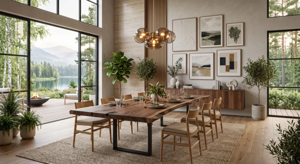 A luxury organic Scandinavian dining room centered around a handcrafted live-edge walnut dining table with natural flowing edges, sculptural oak dining chairs, oversized botanical Nordic wall art, limestone feature wall, earthy ceramics, indoor olive trees, woven textures, panoramic forest views, and soft golden natural light.