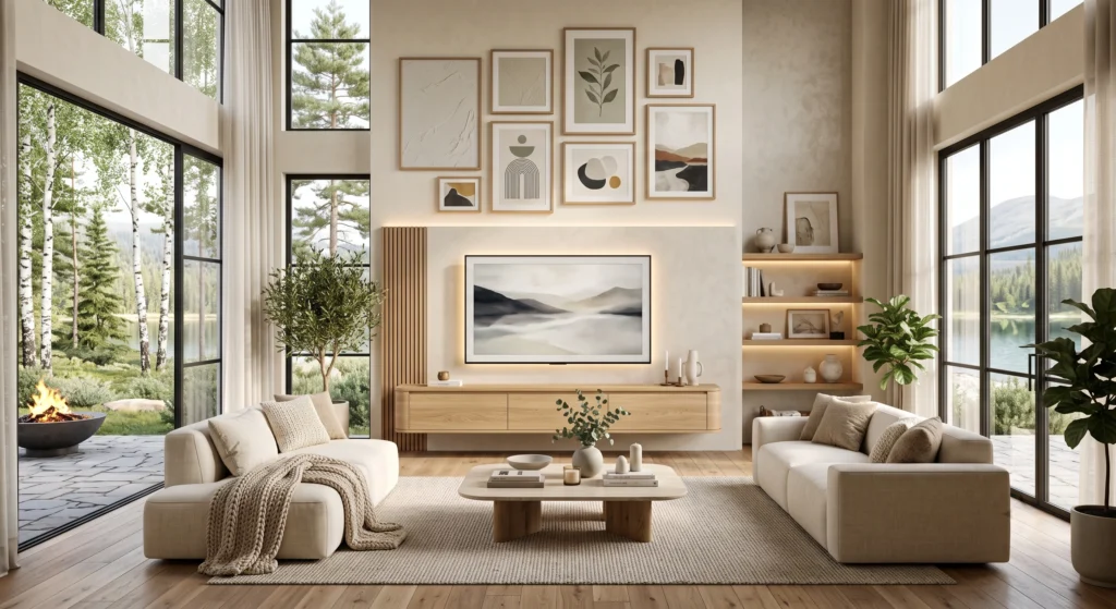 A luxury Scandinavian living room featuring a floating light oak TV console with hidden storage, backlit stone feature wall, oversized linen sofa, minimalist wall art, warm LED lighting, natural wood flooring, and panoramic Nordic forest views creating an airy, modern atmosphere.