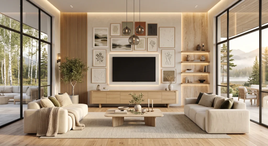 A timeless Scandinavian living room featuring an extra-wide low-profile oak TV console, symmetrical styling, abstract Nordic wall art, natural stone accents, oversized linen sofa, wool rug, indoor olive tree, and warm natural light creating a calm, balanced interior.