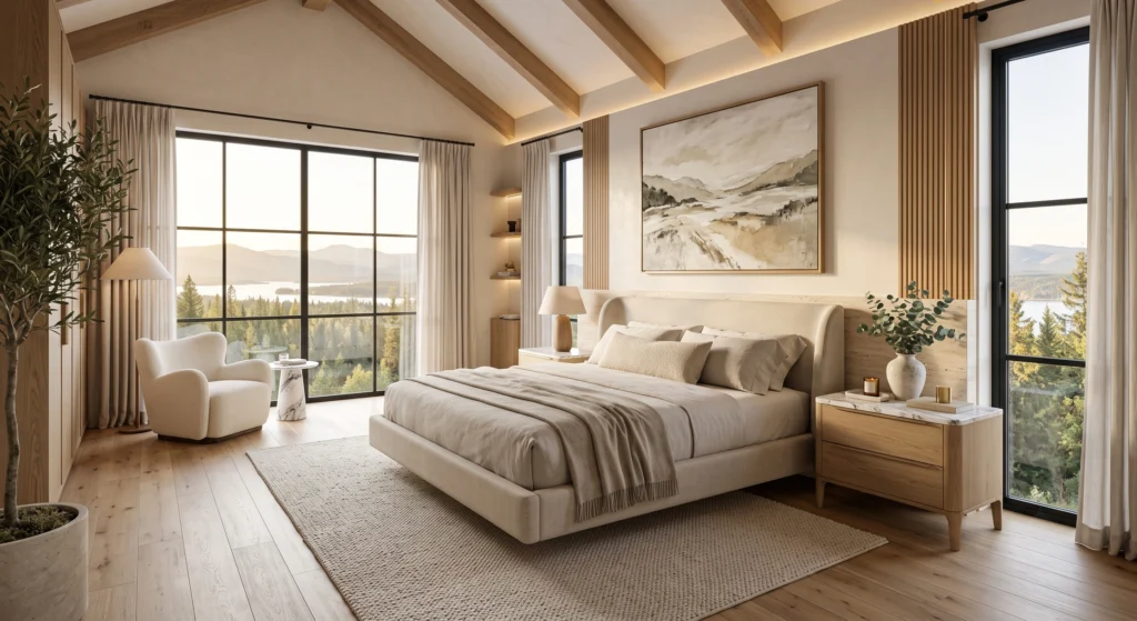 A refined luxury Scandinavian bedroom showcasing elegant European White Oak bedside tables topped with polished Italian Calacatta marble. The cool marble contrasts beautifully with warm oak flooring and Belgian linen bedding, while oversized gallery wall art, limewash textures, champagne bronze accents, artisan décor, and panoramic mountain views create an effortlessly sophisticated retreat.