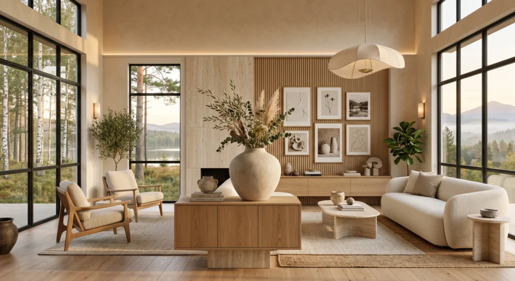 A bright Scandinavian interior with a handcrafted matte ceramic vase in warm ivory placed on floating oak shelving beside stacked linen-covered books and a woven basket. The matte finish adds subtle texture while soft natural sunlight creates gentle shadows across the minimalist Nordic space filled with warm neutral colors and clean architectural lines.