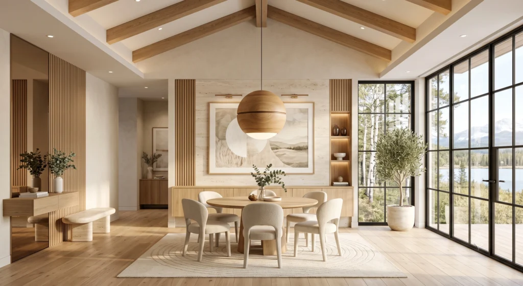 A refined Scandinavian entryway and dining nook featuring a handcrafted wooden globe pendant suspended above a round oak dining table. Soft limewashed walls, minimalist abstract artwork, elegant natural materials, and warm ambient lighting create a calm, timeless Nordic interior.