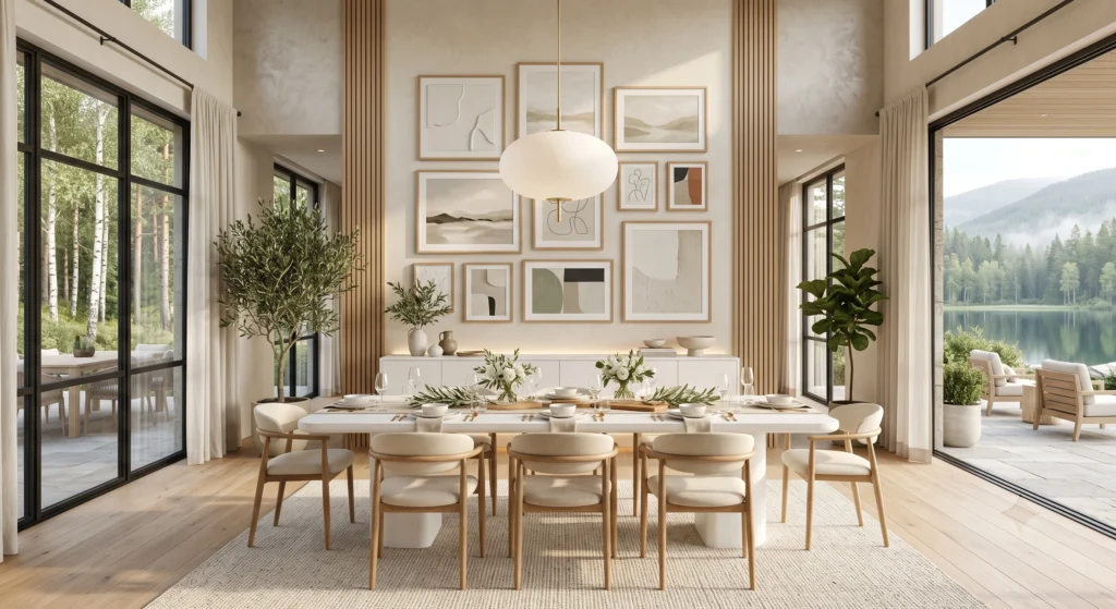 A sophisticated Scandinavian dining room centered around a sleek matte white rectangular dining table with clean architectural lines, elegant white oak chairs with linen seats, oversized abstract Scandinavian wall art, limewashed walls, floor-to-ceiling windows, travertine accents, white ceramics, natural greenery, and bright airy natural lighting.