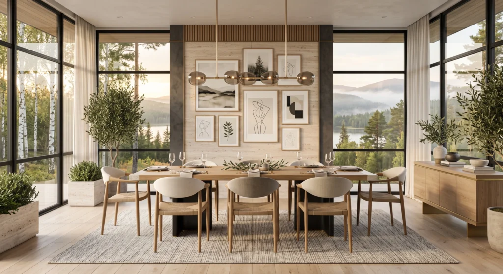 A contemporary luxury Scandinavian dining room featuring a mixed-material dining table with a solid light oak top and matte black steel architectural legs, elegant linen dining chairs, oversized minimalist wall art, natural stone feature wall, black steel accents, designer pendant lighting, olive tree, and warm industrial Nordic styling.