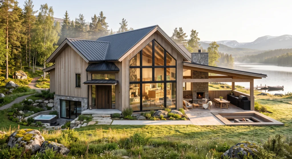 A charming luxury Scandinavian cottage combining rustic warmth with contemporary architecture through vertical natural wood siding, black steel-framed windows, soaring cathedral ceilings, covered outdoor terraces, natural limestone accents, and expansive panoramic glazing. Surrounded by birch trees, wildflowers, and rolling Nordic countryside, the home feels peaceful, elegant, and timeless.