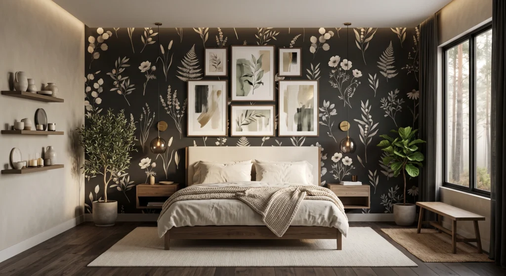Luxury dark Scandinavian bedroom with charcoal botanical wallpaper featuring pale eucalyptus and fern leaves, smoked oak furniture, cream linen bedding, oversized botanical wall art, black pendant lights, and warm ambient architectural lighting.
