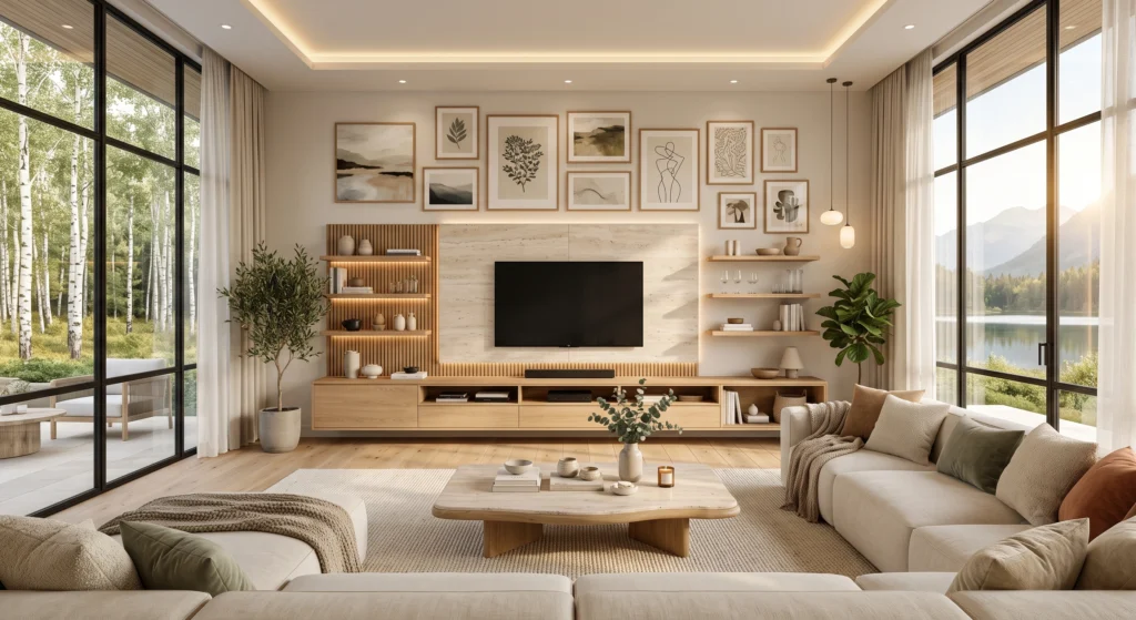 A functional Scandinavian living room featuring a floating oak TV stand with open shelving, hidden storage cabinets, soft-close drawers, minimalist décor, handcrafted accessories, warm wood flooring, and a clean, clutter-free Nordic design.