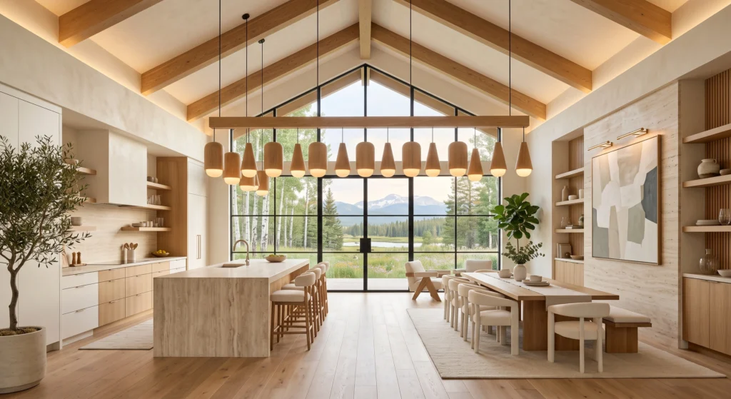 A modern Scandinavian open-plan kitchen and dining room featuring a long multi-light wooden linear bar chandelier above a large travertine island and farmhouse-style oak dining table. Elegant pendant lighting, gallery-worthy wall art, natural oak cabinetry, and panoramic windows create a warm, functional, and luxurious Nordic interior.