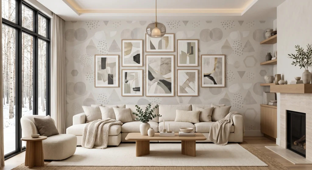 Modern Scandinavian living room with subtle tone-on-tone geometric wallpaper featuring soft circles and faded triangles, cream sectional sofa, oak coffee table, minimalist décor, oversized abstract wall art, and warm natural daylight.
