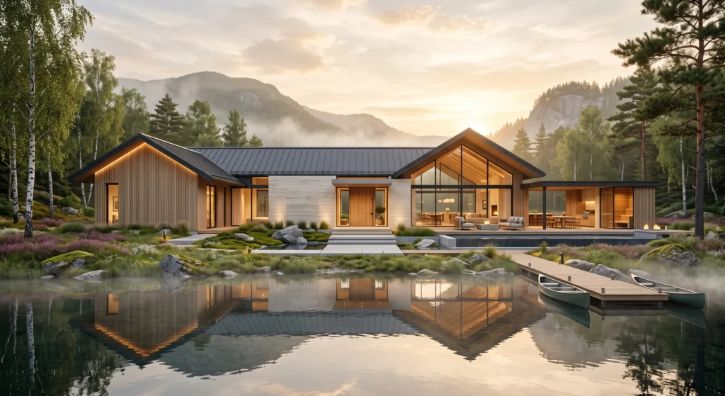 A stunning single-story Scandinavian luxury home with intersecting gabled roofs, expansive floor-to-ceiling windows, wide timber terraces, vaulted ceilings, warm natural oak cladding, limestone accents, and panoramic views across tranquil Nordic forests and lakes. The spacious horizontal design perfectly combines accessibility, modern elegance, and effortless indoor-outdoor living.