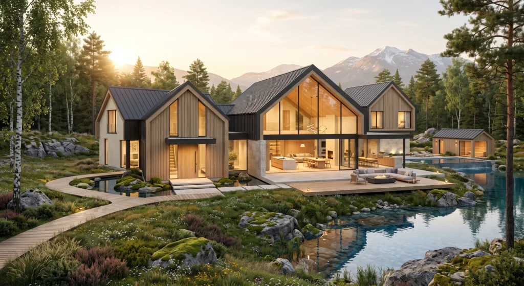 A breathtaking luxury Scandinavian home featuring a dramatic open-concept great room where the living room, dining area, and designer kitchen flow seamlessly together beneath soaring vaulted ceilings. Floor-to-ceiling black-framed windows flood the interior with golden morning sunlight while natural white oak flooring, oversized kitchen island, minimalist furniture, warm limestone, soft linen textures, and panoramic Nordic forest views create a bright, spacious Architectural Digest-style family home.