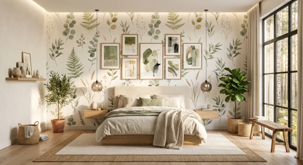 Luxury Scandinavian bedroom with muted sage botanical wallpaper featuring watercolor eucalyptus leaves and delicate ferns, cream linen bed, oak furniture, oversized botanical wall art, linen curtains, ceramic vases, and warm natural sunlight creating a peaceful Nordic retreat.