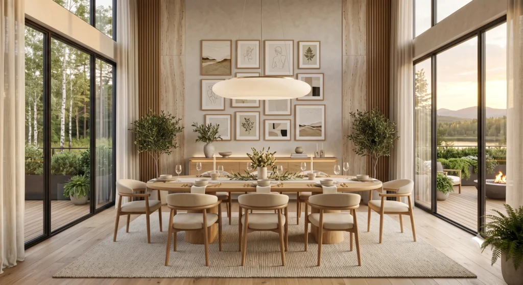 A refined luxury Scandinavian dining room featuring an oversized solid oak oval dining table with sculptural pedestal base, curved linen dining chairs, oversized museum-quality Nordic wall art, travertine feature wall, elegant pendant chandelier, soft neutral palette, panoramic woodland views, and sophisticated architectural styling.