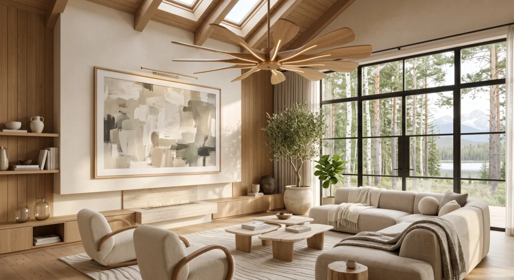 A premium Scandinavian living room featuring an artistic paddle-inspired wooden chandelier with gracefully curved oak blades floating above a luxurious curved sofa. Sculptural furniture, organic wall art, Italian travertine accents, and warm natural lighting create a playful yet sophisticated Nordic space.