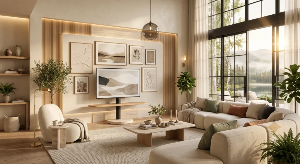 A modern Scandinavian living room with a sculptural pedestal TV stand featuring a slim black metal frame, natural oak shelf, hidden cable management, abstract wall art, minimalist furniture, warm wood flooring, and soft natural light.