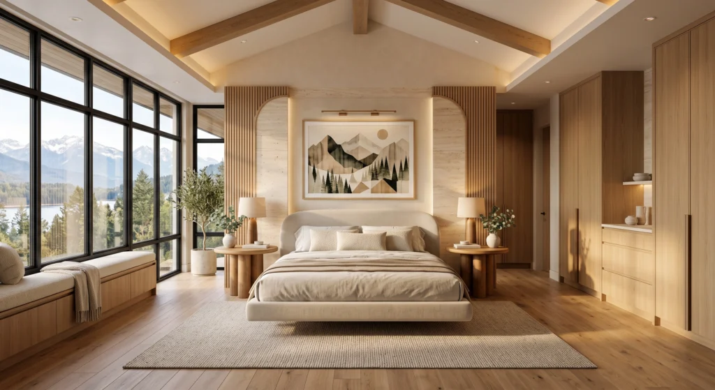 A serene Scandinavian bedroom featuring elegant cylindrical pedestal bedside tables handcrafted from solid European White Oak with sculptural silhouettes. Large abstract wall art dominates the architectural feature wall behind a luxurious linen-upholstered bed, while natural stone finishes, warm oak flooring, artisan ceramics, and panoramic Nordic views create a refined minimalist sanctuary.