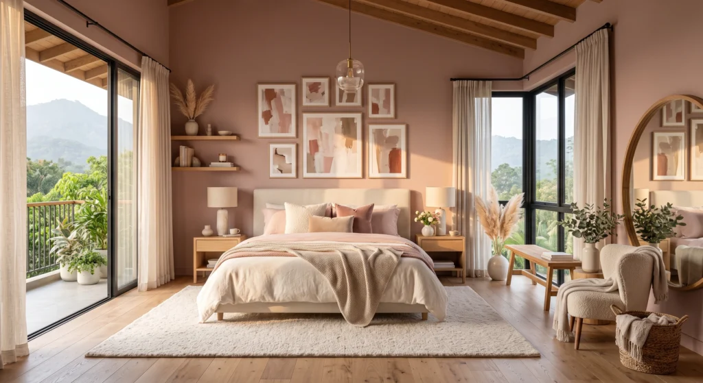 Soft dusty rose Scandinavian bedroom with oak furniture, white bedding and minimalist Nordic décor.