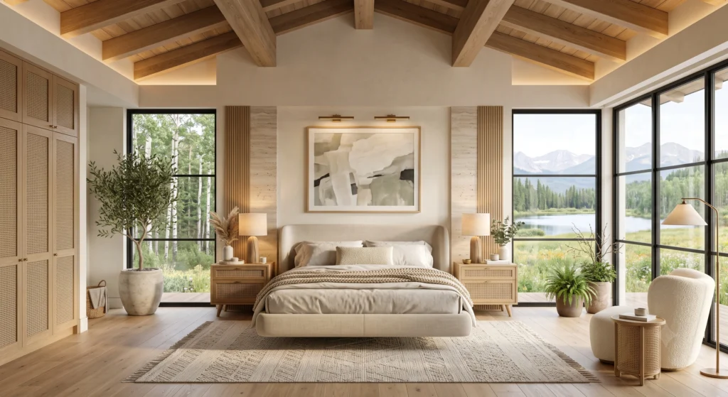 A warm Boho-Scandinavian bedroom featuring handcrafted European White Oak bedside tables with woven natural rattan drawer fronts. Soft Belgian linen bedding, oversized abstract wall art, limewash walls, Italian travertine accessories, pampas grass, artisan ceramics, lush indoor greenery, and panoramic Nordic woodland views create a cozy yet luxurious atmosphere.