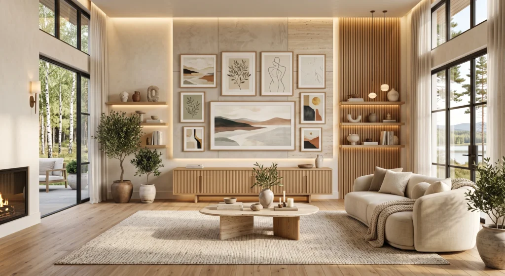 A luxury Scandinavian living room featuring a reeded light oak TV console with textured wood doors, oversized abstract artwork, travertine coffee table, wool rug, handcrafted décor, lush indoor plants, and warm layered lighting creating a timeless Nordic space.