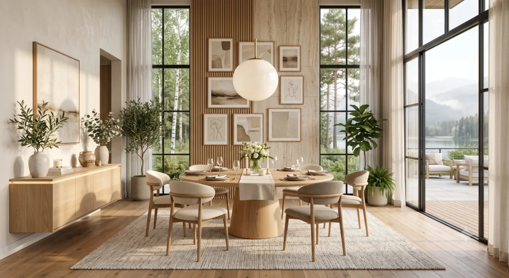 A luxurious Scandinavian breakfast nook featuring a solid oak round pedestal dining table, six elegant curved oak dining chairs upholstered in soft linen, sculptural globe pendant light, oversized Nordic gallery wall, neutral textured rug, olive tree, warm oak flooring, panoramic forest views, and inviting golden morning light.