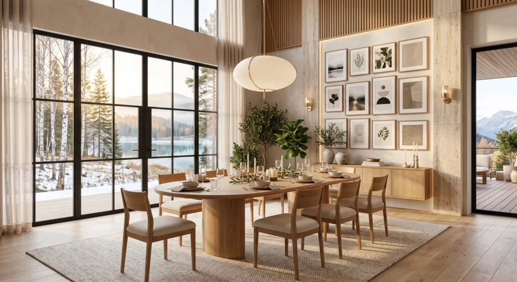 A cozy luxury Scandinavian farmhouse dining room showcasing a chunky reclaimed oak dining table with visible natural grain and distressed texture, matching wooden benches and mixed linen chairs, exposed timber beams, textured plaster walls, oversized rustic Nordic wall art, warm pendant lighting, woven rugs, ceramic vases, dried grasses, and golden afternoon sunlight.