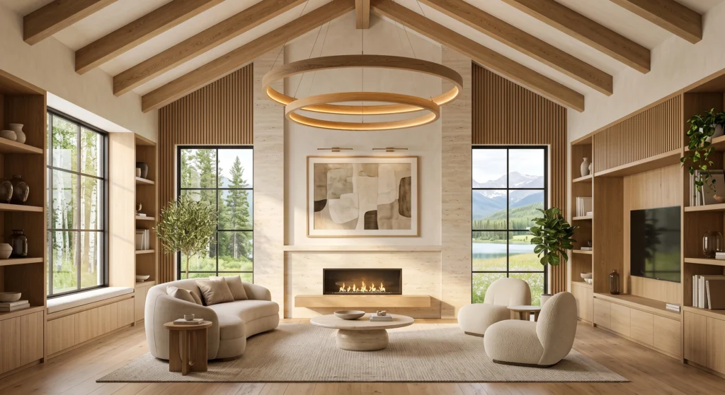 A luxurious Scandinavian living room featuring a sculptural double-ring wooden hoop chandelier suspended above a curved linen sofa and travertine coffee table. Warm oak finishes, oversized abstract wall art, floor-to-ceiling windows, and soft natural light create a timeless Nordic interior with understated elegance.