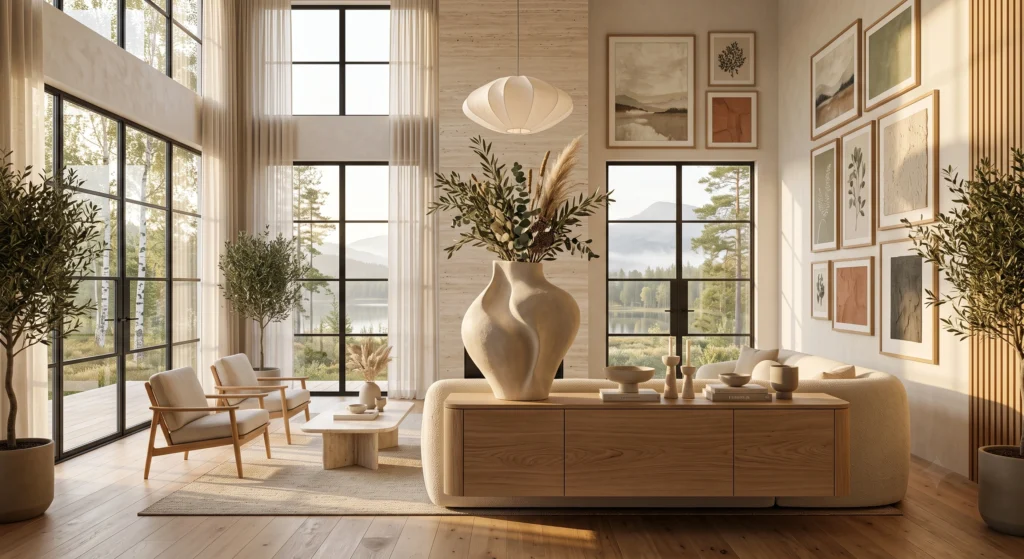 A luxury Scandinavian living room featuring a large handcrafted organic ceramic vase with flowing asymmetrical curves displayed on a natural oak console table. The vase holds a few delicate olive branches and is surrounded by warm neutral décor, boucle furniture, limewash walls, and floor-to-ceiling windows overlooking a peaceful Nordic forest. Soft morning sunlight highlights the sculptural form, creating a calm, minimalist atmosphere.