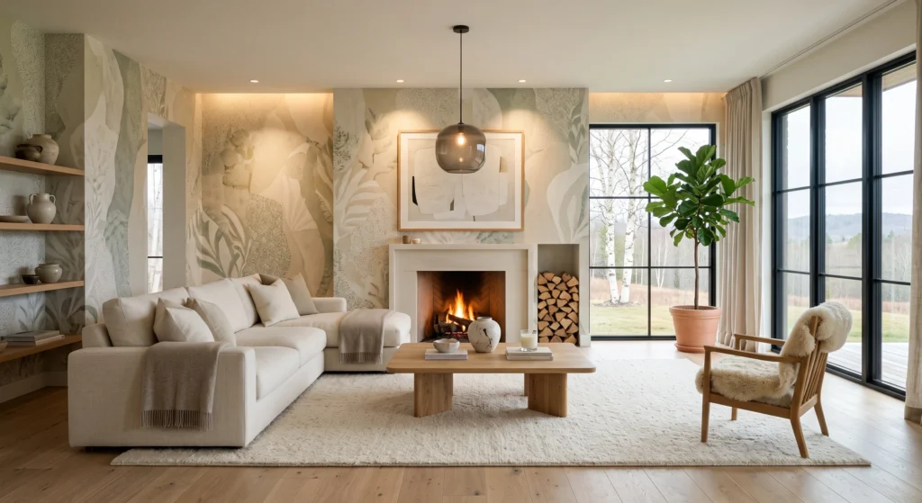 Luxury Scandinavian living room featuring one elegant wallpaper feature wall behind a cream linen sofa, oversized abstract wall art, light oak furniture, warm neutral décor, woven rug, linen curtains, and bright Nordic natural light.
